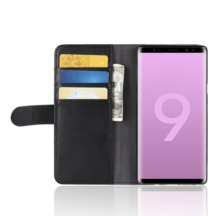 Genuine Split Leather Wallet Stand Phone Case for Samsung Galaxy Note 9 - Black