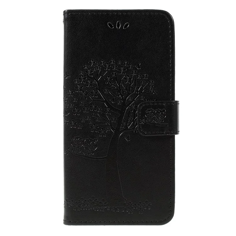 Imprint Tree Owl Magnetic Wallet PU Leather Cover with Stand for Samsung Galaxy A7 (2018) - Black