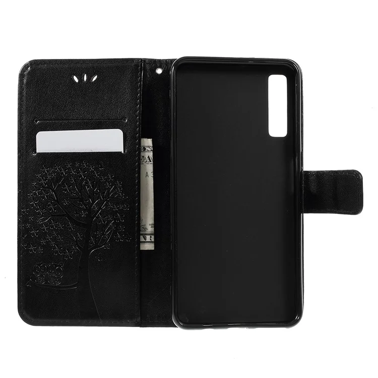 Empreinte Tree Chowl Magnet Portefeuille PU Couver en Cuir Avec Support Pour Samsung Galaxy A7 (2018) - le Noir