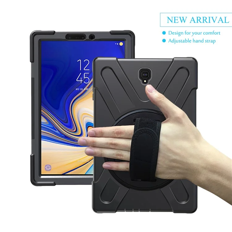 360 Degree Swivel Kickstand PC + Silicone Combo Case with Hand Strap for Samsung Galaxy Tab S4 10.5 T830 T835 - Black