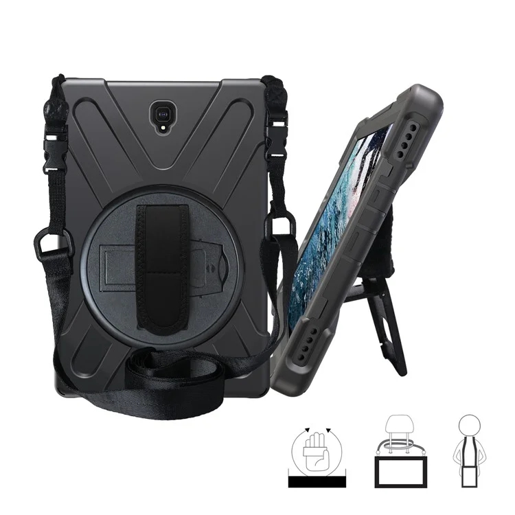 Per Samsung Galaxy Tab S4 10.5 T830 T835 Case Con Cinghia Del Supporto a Mano e Spalla Tracolla [x-shape] Coperchio TPU a 360 ° PC + TPU - Tutto Nero