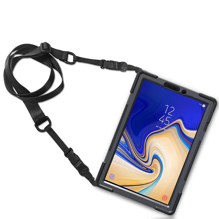 Für Samsung Galaxy Tab S4 10.5 T830 T835 Hülle mit Schultergurt [X-Form] 360° Schwenkbarer Ständer PC + TPU-Abdeckung - Komplett Schwarz