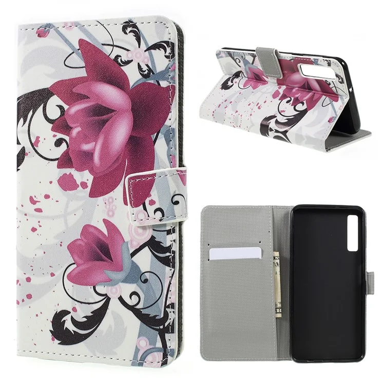 Capa de Carteira Magnética de Couro PU com Estampa para Samsung Galaxy A7 (2018) - Flor Roxa