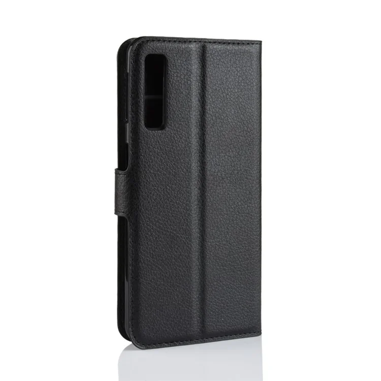 Litchi Pele PU Couro Proteção Capa de Telefone para Samsung Galaxy A7 (2018) com Design de Carteira e Suporte - Preto 