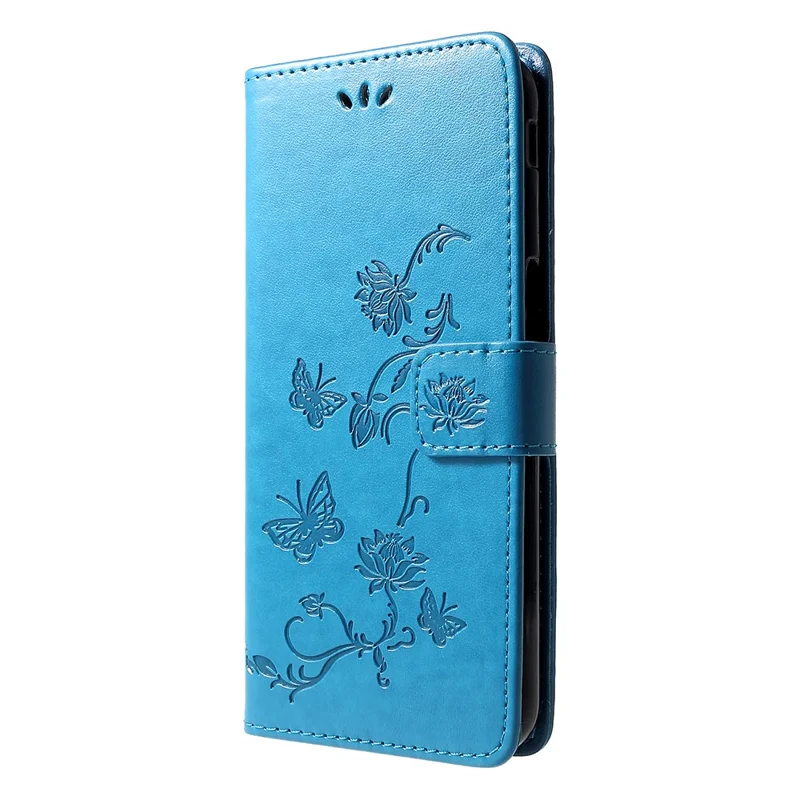 Imprint Butterfly Flower Wallet Stand Leather Cellphone Case for Samsung Galaxy J6+ / J6 Prime - Blue