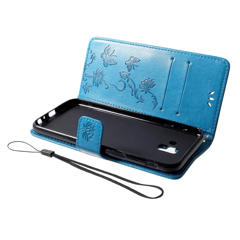 Imprint Butterfly Flower Wallet Stand Leather Cellphone Case for Samsung Galaxy J6+ / J6 Prime - Blue