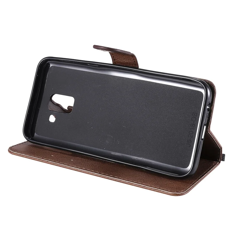 For Samsung Galaxy J6 (2018) Case Solid Color Leather Mobile Cover Wallet Stand with Strap - Brown