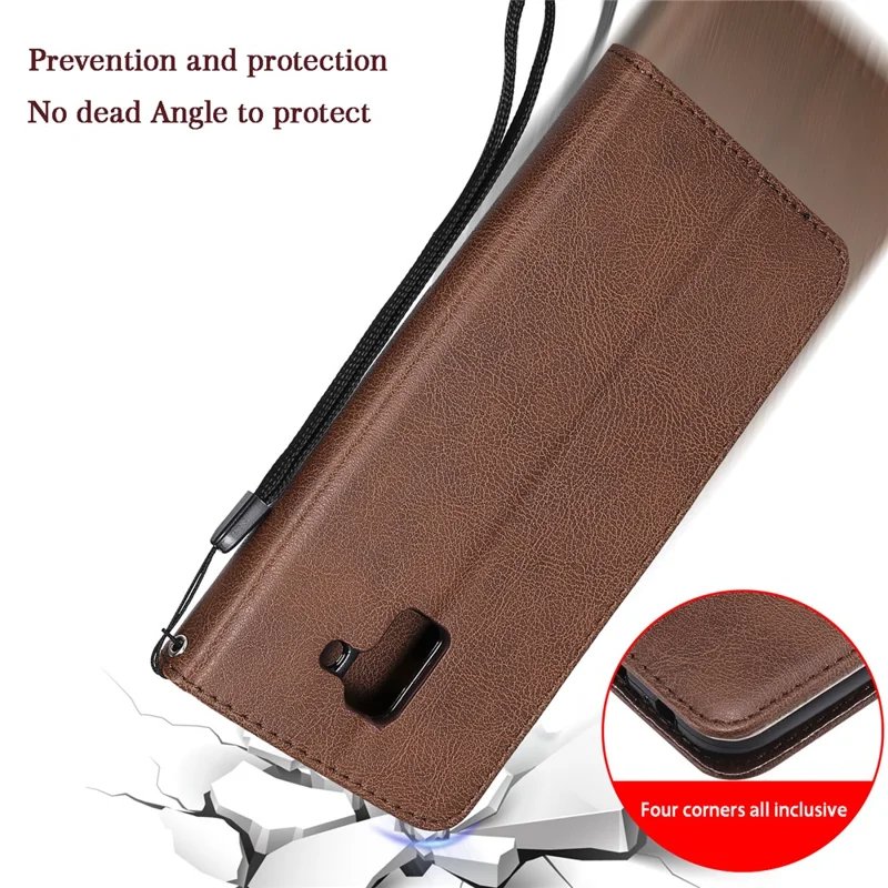 For Samsung Galaxy J6 (2018) Case Solid Color Leather Mobile Cover Wallet Stand with Strap - Brown