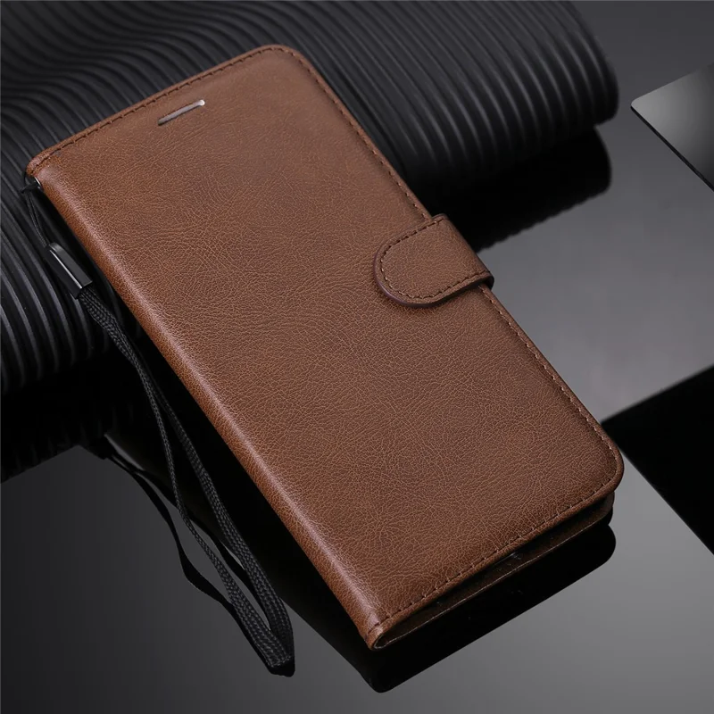 For Samsung Galaxy J6 (2018) Case Solid Color Leather Mobile Cover Wallet Stand with Strap - Brown