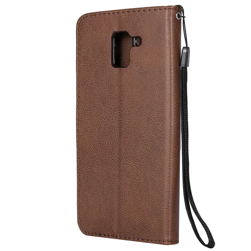 For Samsung Galaxy J6 (2018) Case Solid Color Leather Mobile Cover Wallet Stand with Strap - Brown