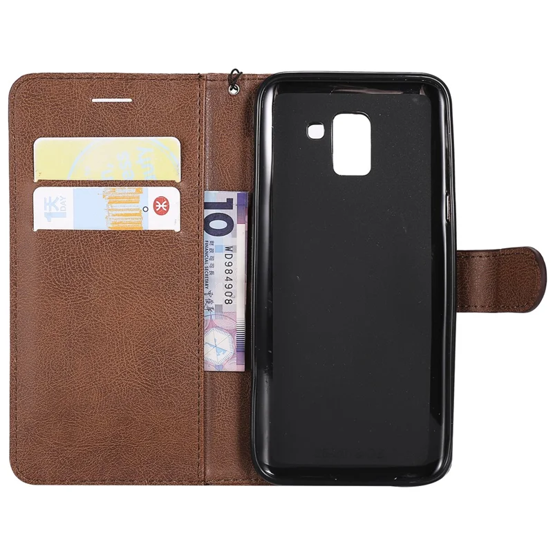 For Samsung Galaxy J6 (2018) Case Solid Color Leather Mobile Cover Wallet Stand with Strap - Brown