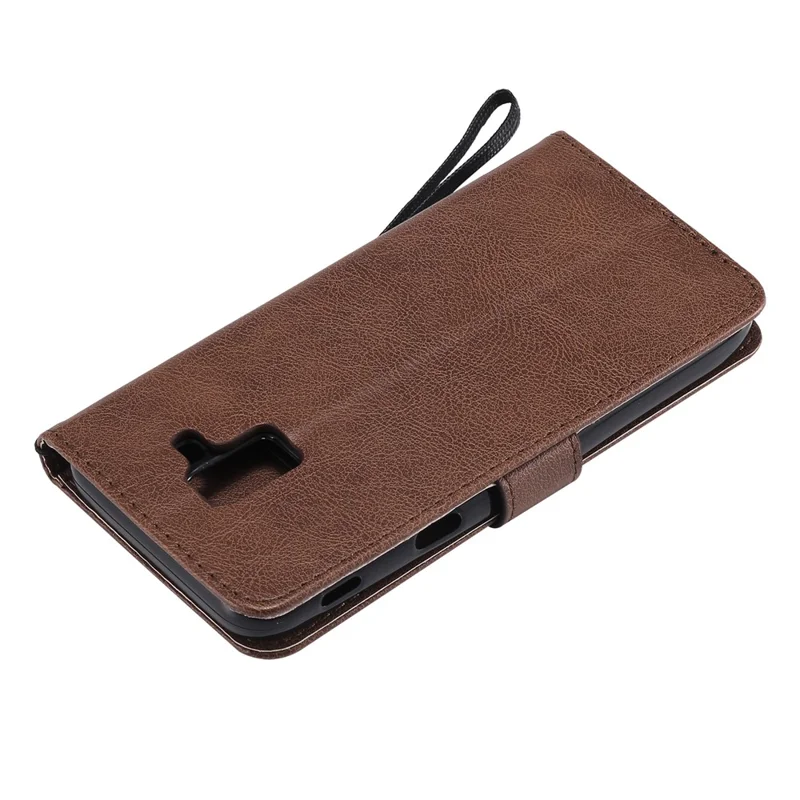 For Samsung Galaxy J6 (2018) Case Solid Color Leather Mobile Cover Wallet Stand with Strap - Brown
