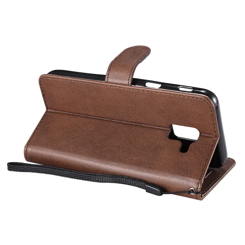 For Samsung Galaxy J6 (2018) Case Solid Color Leather Mobile Cover Wallet Stand with Strap - Brown