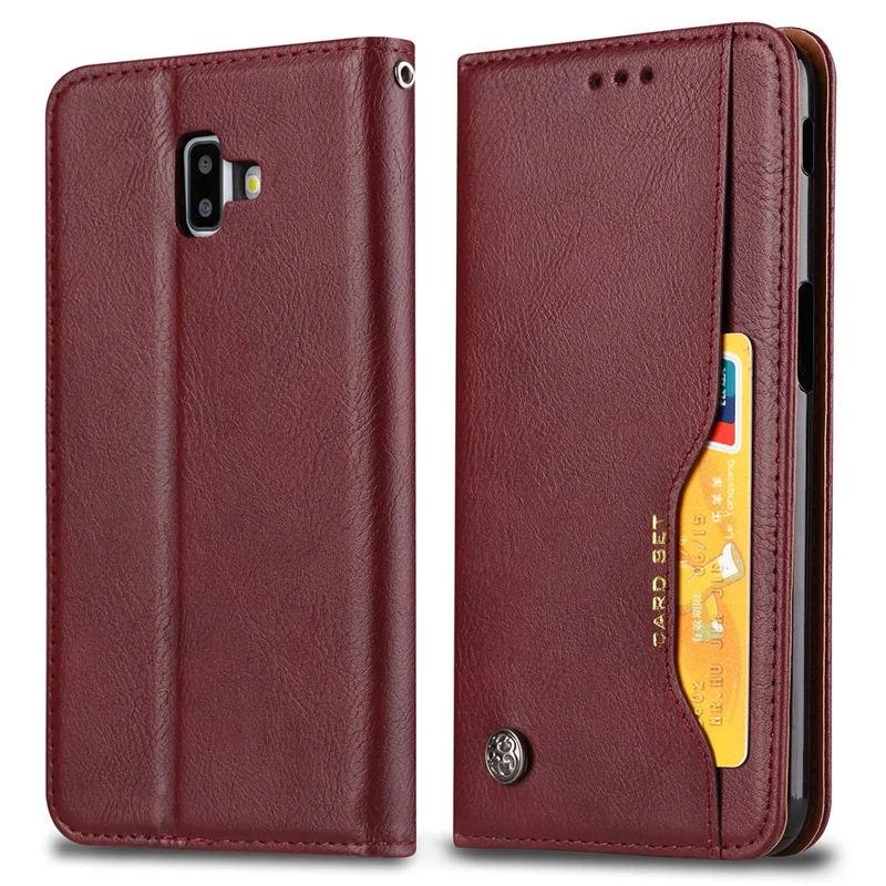 PU Leather Auto-absorbed Stand Wallet Phone Case for Samsung Galaxy J6+ / J6 Prime - Wine Red