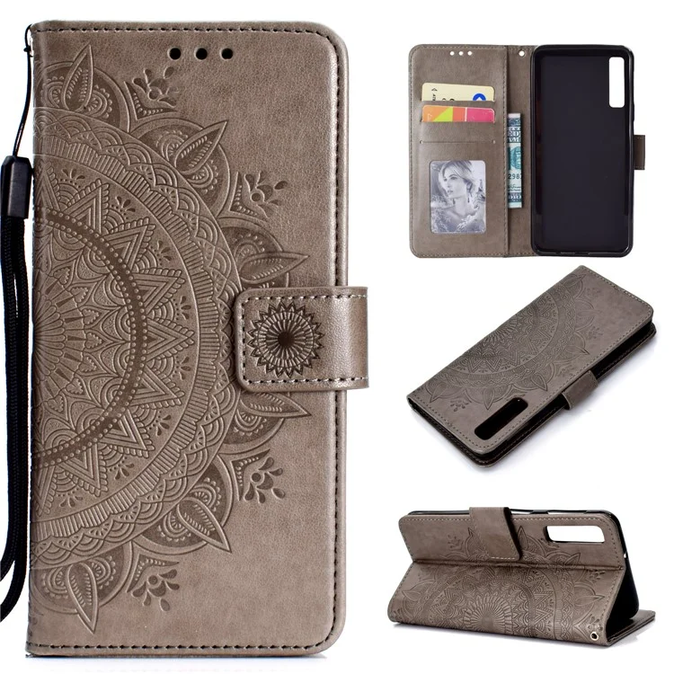 Imprinted Mandala Pattern Wallet Leather Mobile Case for Samsung Galaxy A7 (2018) A750 - Grey