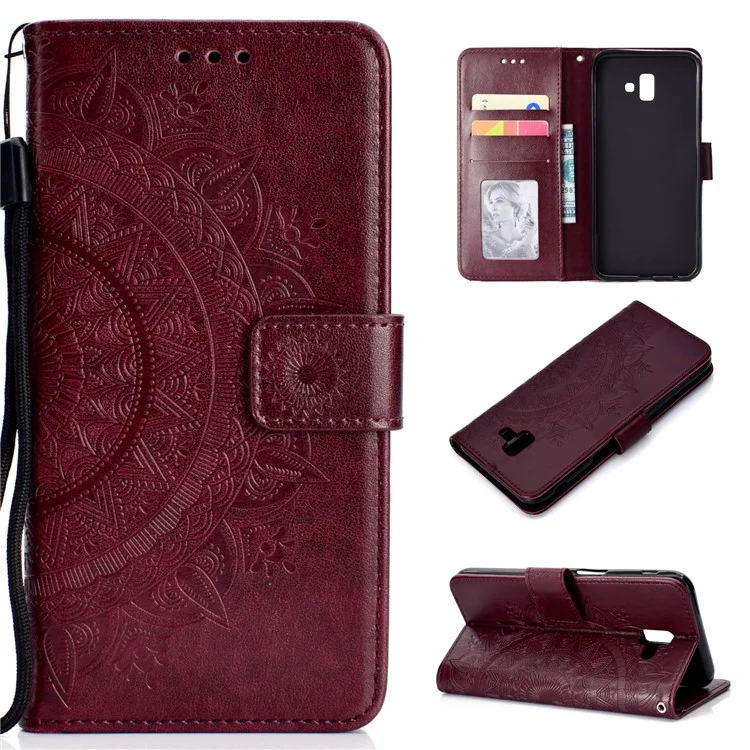 Imprinted Mandala Pattern [Wallet Stand] Leather Mobile Phone Cover Shell for Samsung Galaxy J6 Plus / J6 Prime - Brown