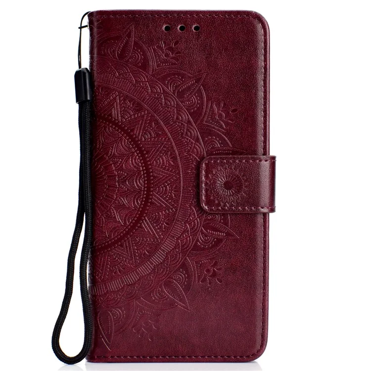 Imprinted Mandala Pattern [Wallet Stand] Leather Mobile Phone Cover Shell for Samsung Galaxy J6 Plus / J6 Prime - Brown