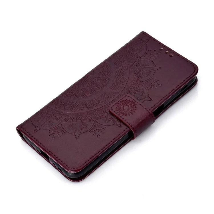 Padrão Mandala Impresso [Wallet Stand] Couro Capa De Telefone Móvel Shell Para Samsung Galaxy J6 Plus / J6 Prime - Castanho