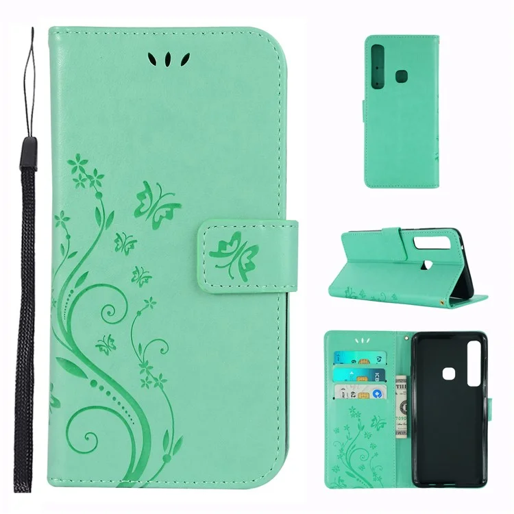 Imprint Butterfly Flower Stand Wallet Leather Accessory Casing for Samsung Galaxy A9 (2018)/A9 Star Pro/A9s - Cyan