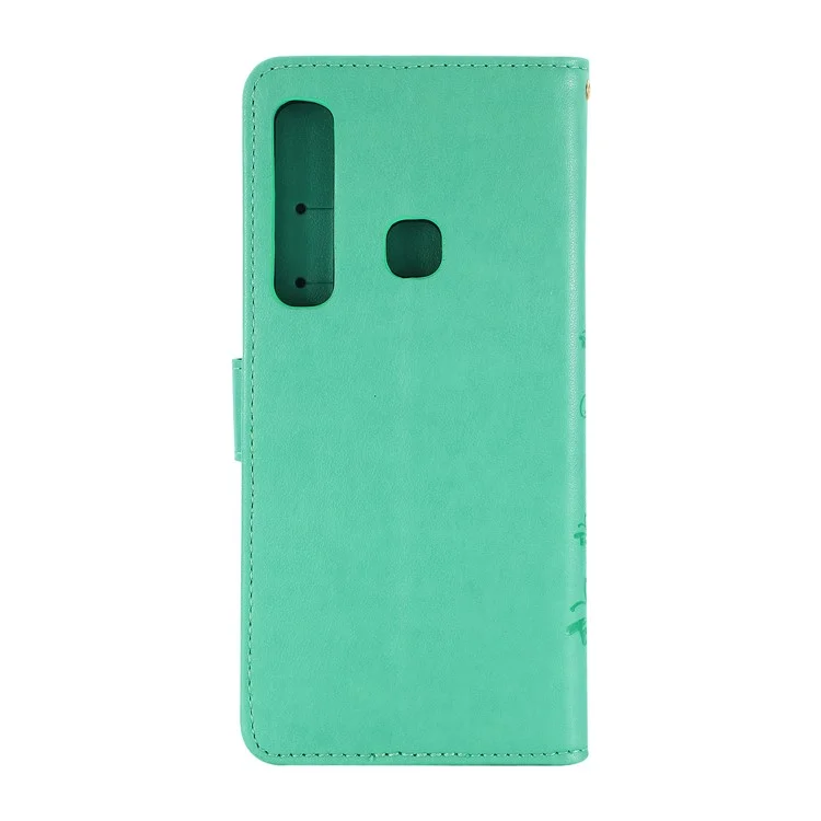 Imprint Butterfly Flower Stand Wallet Leather Accessory Casing for Samsung Galaxy A9 (2018)/A9 Star Pro/A9s - Cyan