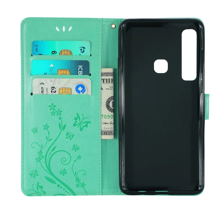 Imprint Butterfly Flower Stand Wallet Leather Accessory Casing for Samsung Galaxy A9 (2018)/A9 Star Pro/A9s - Cyan