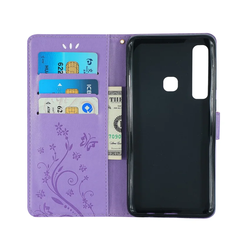 Imprint Butterfly Flower Stand Wallet Leather Cellphone Case for Samsung Galaxy A9 (2018)/A9 Star Pro/A9s - Purple