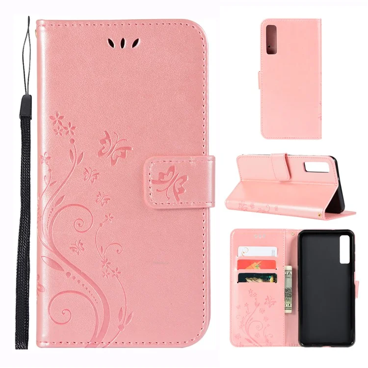 Caixa de Carteira de Couro de Flor de Borboleta Impressão Para a Samsung Galaxy A7 (2018) - Rosa