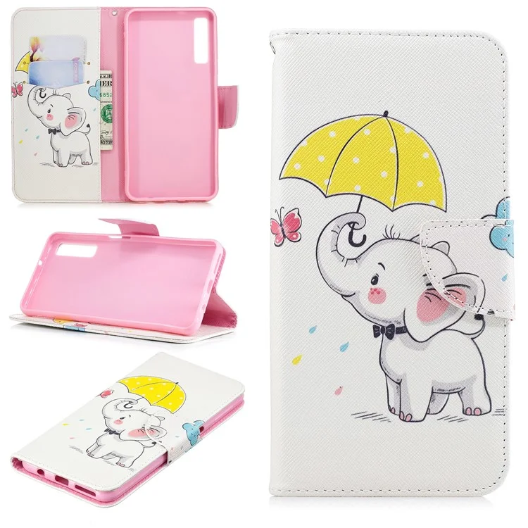 Pattern Printing Wallet Leather Shell for Samsung Galaxy A7 (2018) A750 - Elephant Holding an Umbrella