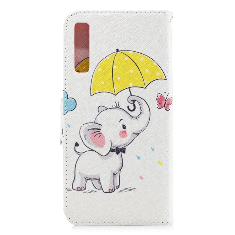 Musterdruck Brieftasche Lederschale Für Samsung Galaxy A7 (2018) A750 - Elefant Einen Regenschirm Hält