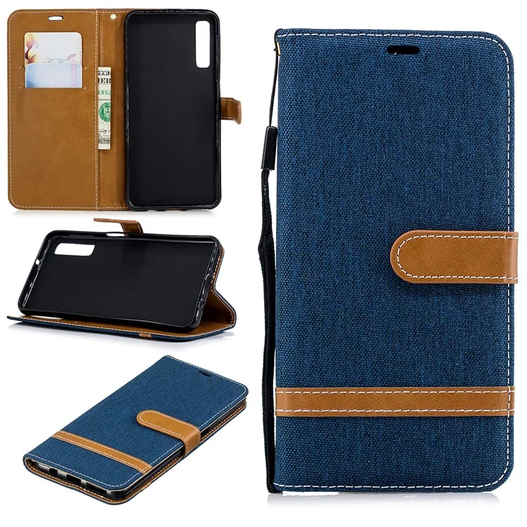 Assorted Color Jeans Cloth Leather Stand Cover with Card Slots for Samsung Galaxy A7 (2018) - Dark Blue