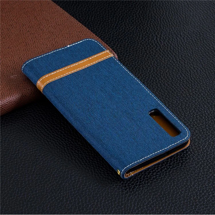 a Capa de Couro de Pano de Calça Colorida Variada Com Slots de Cartas Para o Samsung Galaxy A7 (2018) - Azul Escuro