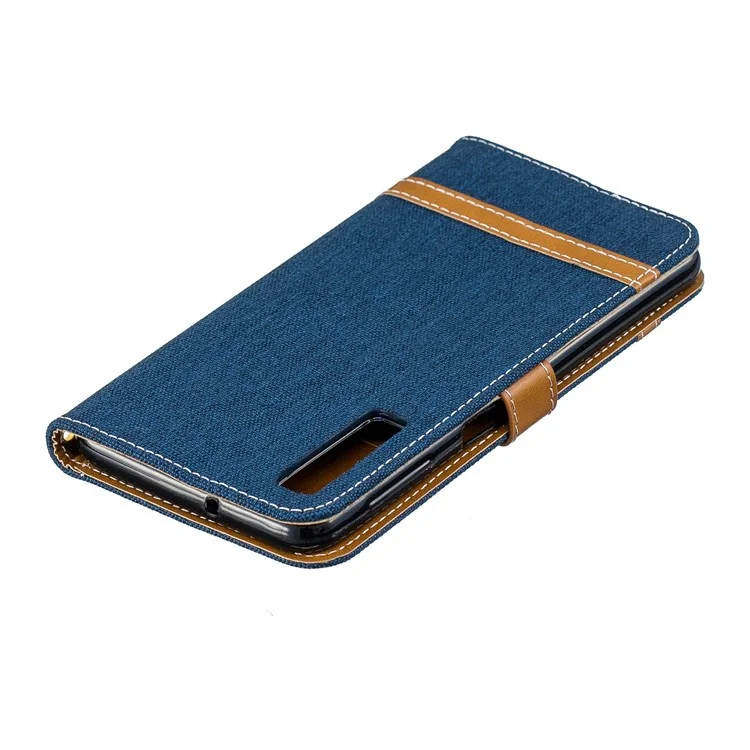 Assorted Color Jeans Cloth Leather Stand Cover with Card Slots for Samsung Galaxy A7 (2018) - Dark Blue