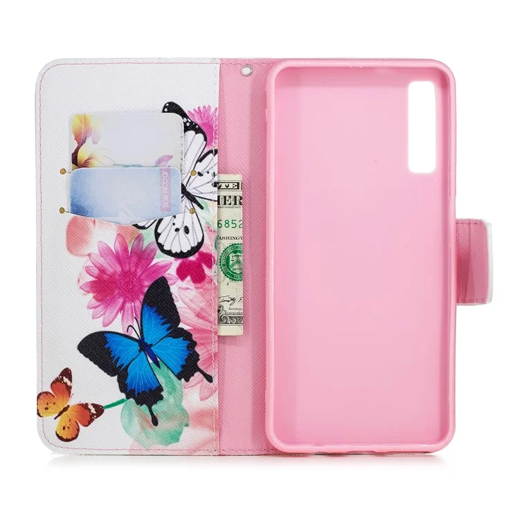 Modèle Impression de Protection en Cuir PU Case de Téléphone Portable Pour Samsung Galaxy A7 (2018) A750 - Papillons et Fleurs