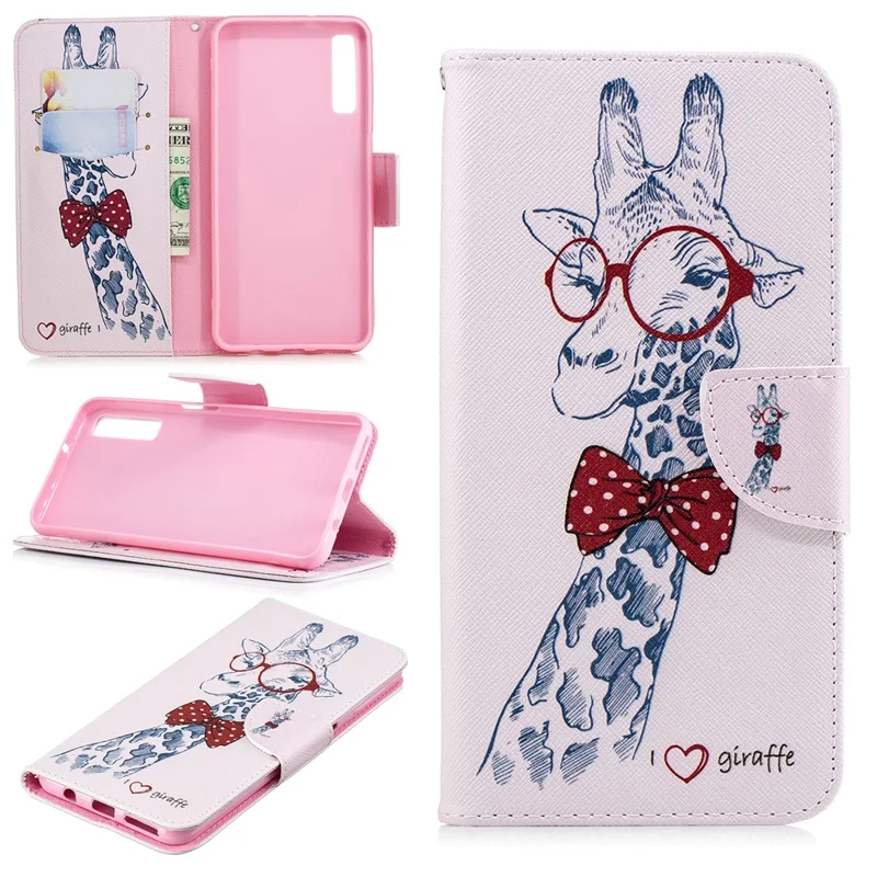 Pattern Printing PU Leather Flip Protection Cover for Samsung Galaxy A7 (2018) A750 - Giraffe Wearing Glasses