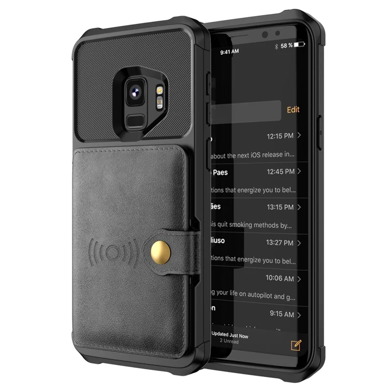 PU Leather Coated TPU Wallet Kickstand Casing with Built-in Magnetic Sheet for Samsung Galaxy S9 - Black