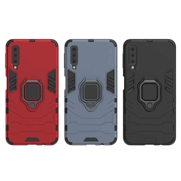 Cool Guard Ringhalter Kickstand PC TPU Hybrid -hülle Für Samsung Galaxy A7 (2018) - Schwarz