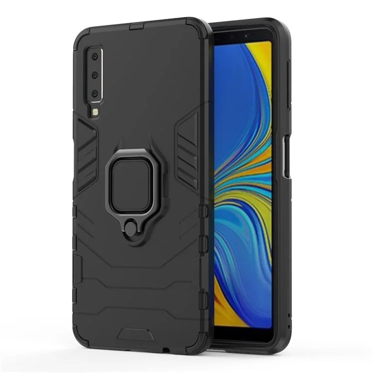 Cool Guard Ringhalter Kickstand PC TPU Hybrid -hülle Für Samsung Galaxy A7 (2018) - Schwarz