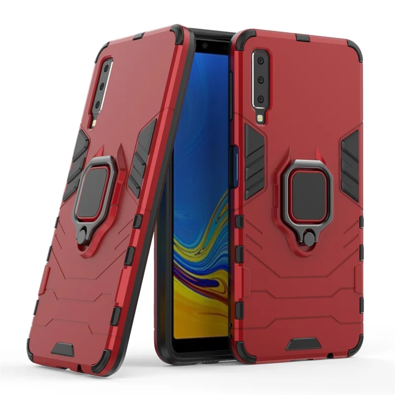Cool Guard Ring Holder Kickstand PC TPU Hybrid Cover for Samsung Galaxy A7 (2018) - Red