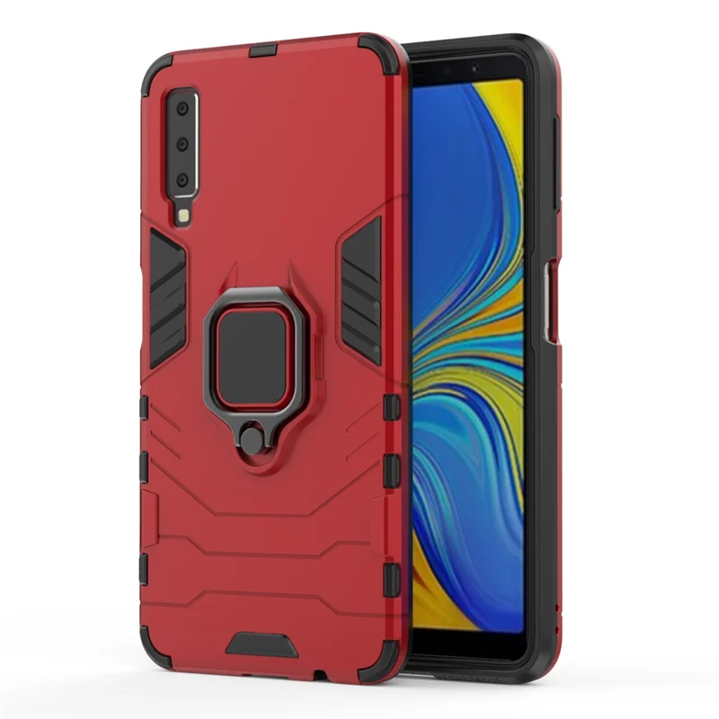 Cool Guard Ring Holder Kickstand PC TPU Hybrid Cover for Samsung Galaxy A7 (2018) - Red