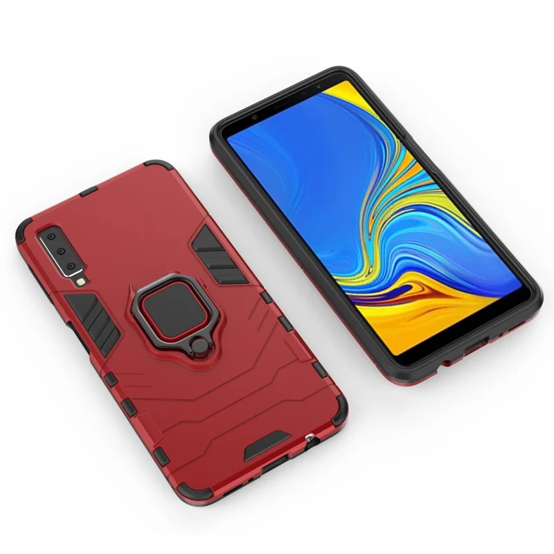 Cool Guard Ring Holder Kickstand PC TPU Hybrid Cover for Samsung Galaxy A7 (2018) - Red