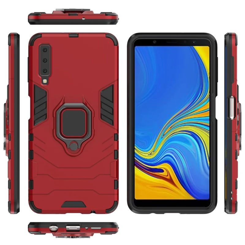 Cool Guard Ring Holder Kickstand PC TPU Hybrid Cover for Samsung Galaxy A7 (2018) - Red