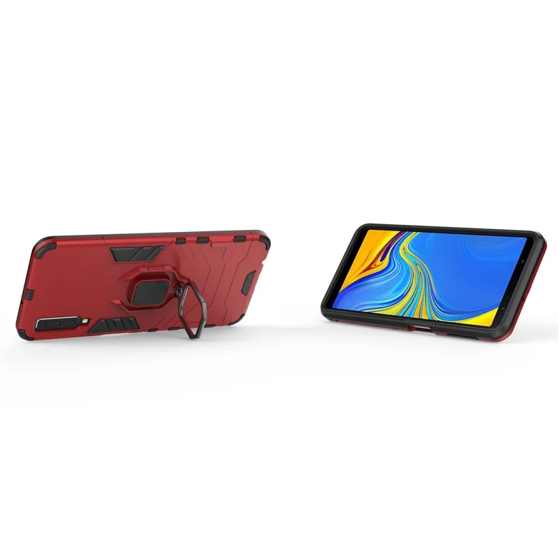 Cool Guard Ring Holder Kickstand PC TPU Hybrid Cover for Samsung Galaxy A7 (2018) - Red