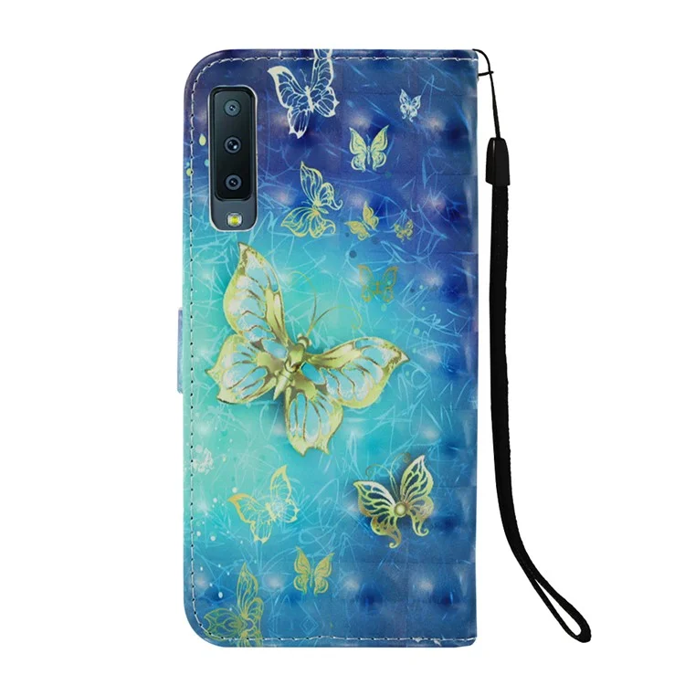 Pattern Printing Light Spot Decor Stand Leather Wallet Shell for Samsung Galaxy A7 (2018) A750 - Gold and Blue Butterfly