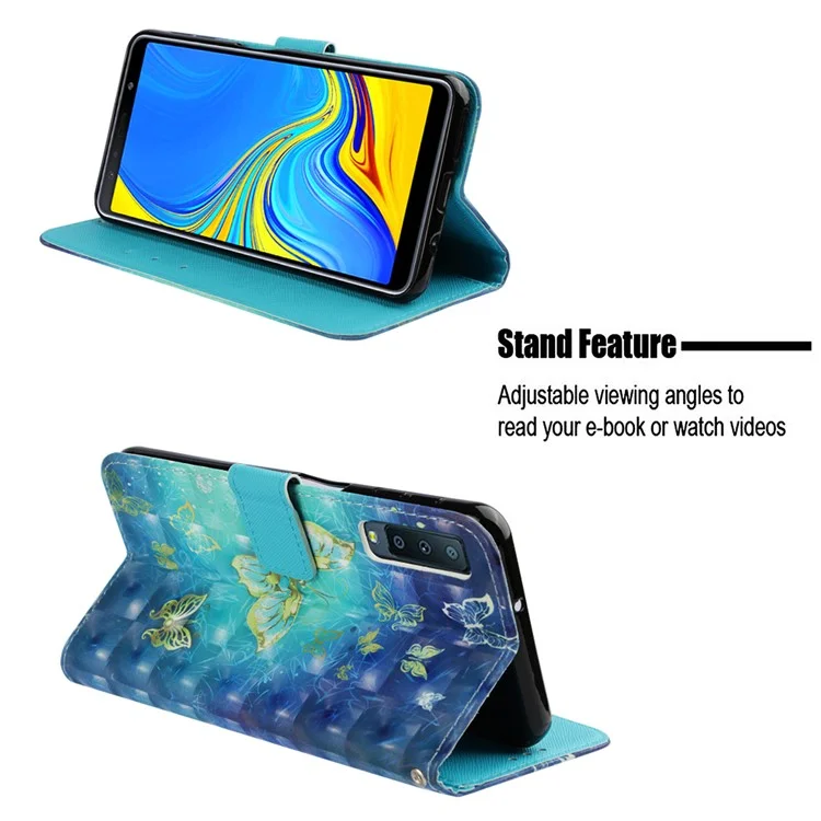 Muster Druckleuchte Dekor Stand Leder Brieftasche Für Samsung Galaxy A7 (2018) A750 - Gold- Und Blau -schmetterling