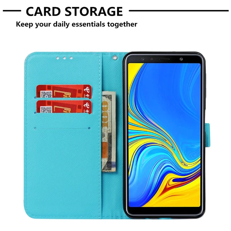 Pattern Printing Light Spot Decor Stand Leather Wallet Shell for Samsung Galaxy A7 (2018) A750 - Gold and Blue Butterfly