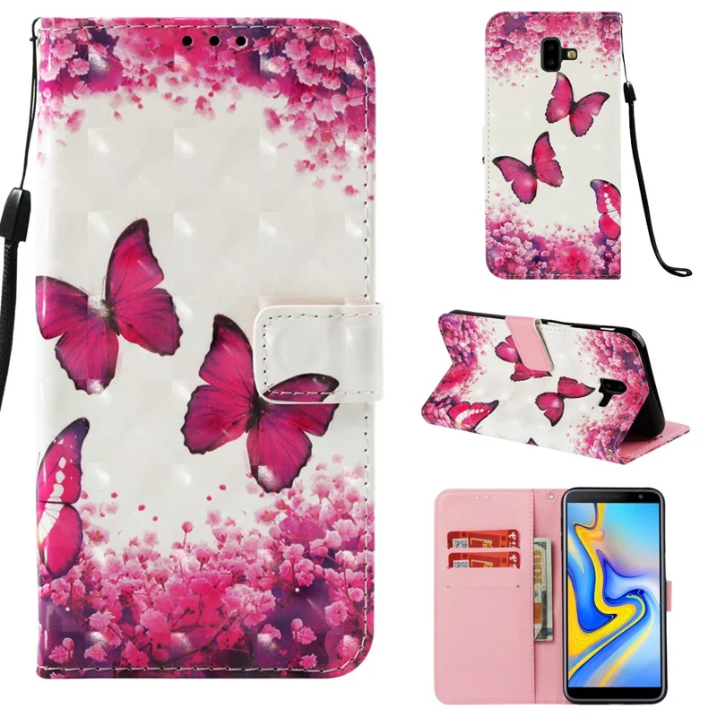 Light Spot Decor Pattern Printing Leather Cover Case for Samsung Galaxy J6 Plus J610F / J6 Prime - Butterfly and Flower