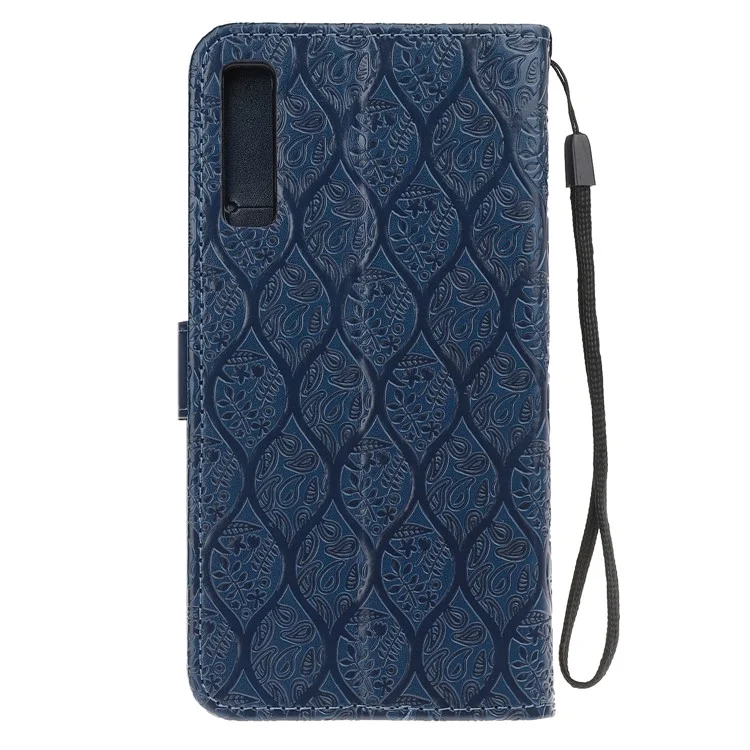 Imprint Leaf Wallet Leather Case Accessory for Samsung Galaxy A7 (2018) A750 - Dark Blue