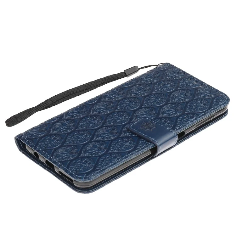 Imprint Leaf Wallet Leather Case Accessory for Samsung Galaxy A7 (2018) A750 - Dark Blue