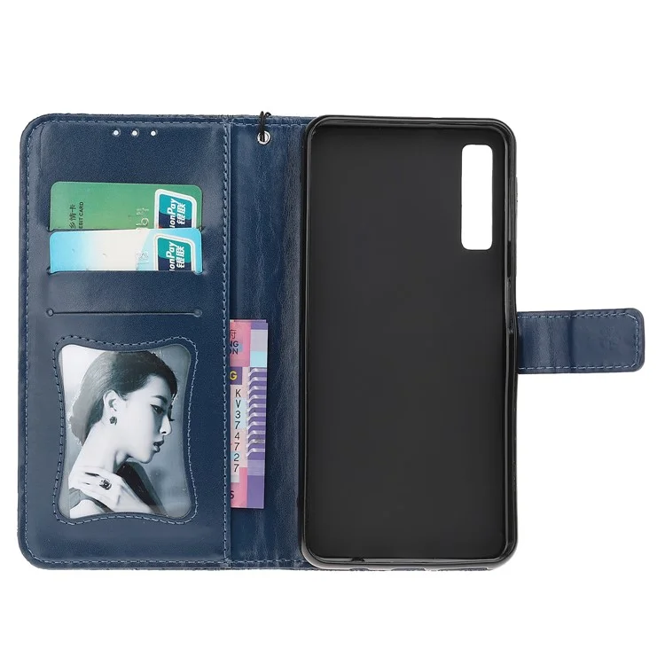 Accessoire de Boîtier en Cuir à Feuilles de Feuille D'empreinte Pour Samsung Galaxy A7 (2018) A750 - Bleu Foncé