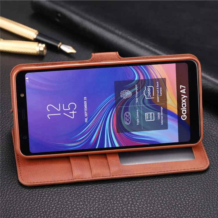 AZNS [Carteira de suporte] Capa de couro flip para Samsung Galaxy A7 (2018) A750 - Marrom